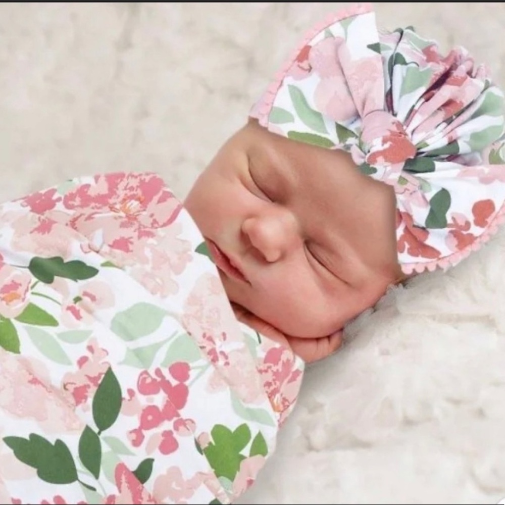 Baby Essentials Newborn Photo Op Turban Hat and Swaddle Floral Set